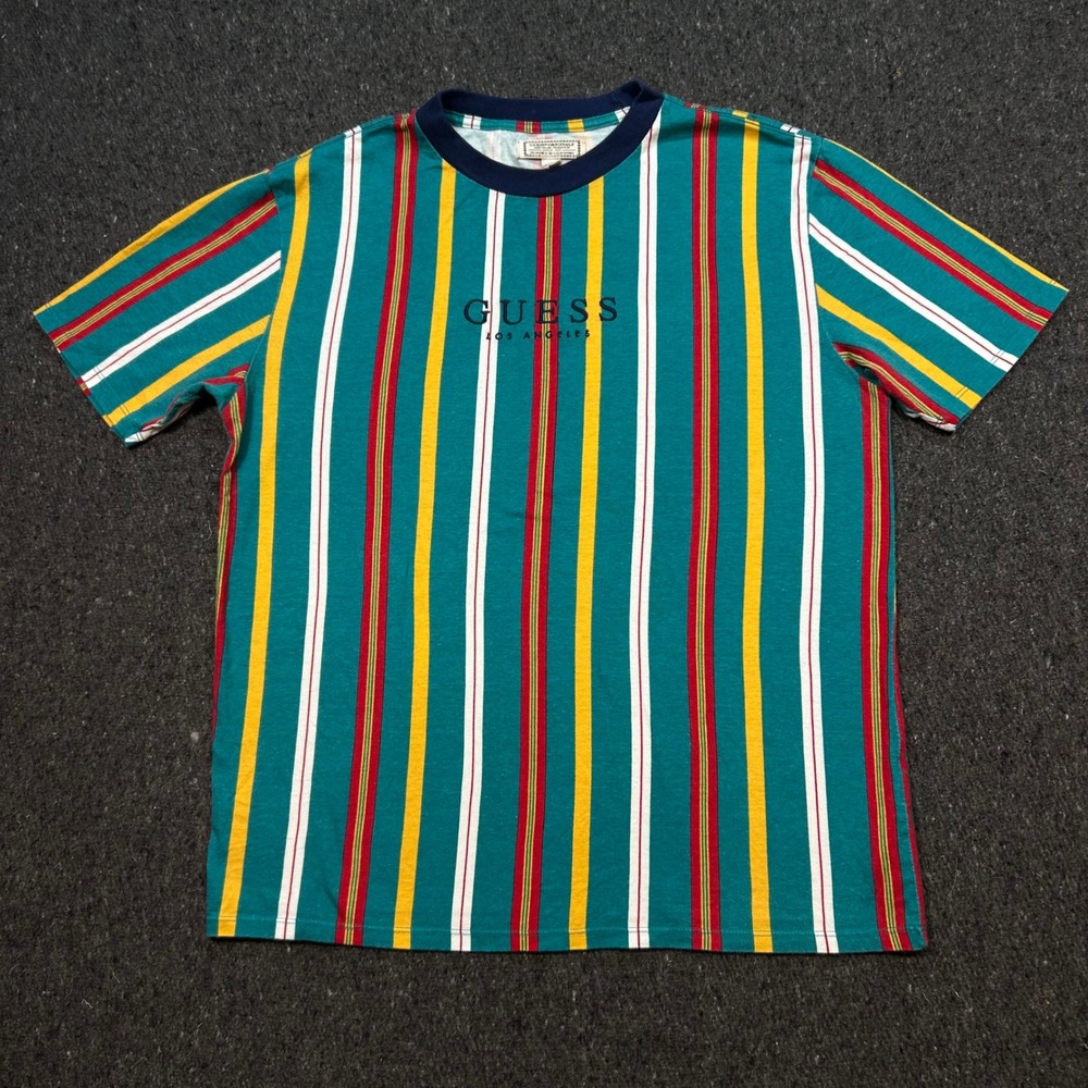 Guess‎ Striped T Shirt XS Mens Teal Multi Retro Skater Logo Tee